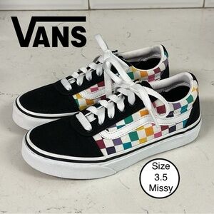 Vans Old Skool Black, White & Rainbow Checkerboard Skate Shoes Missy 3.5